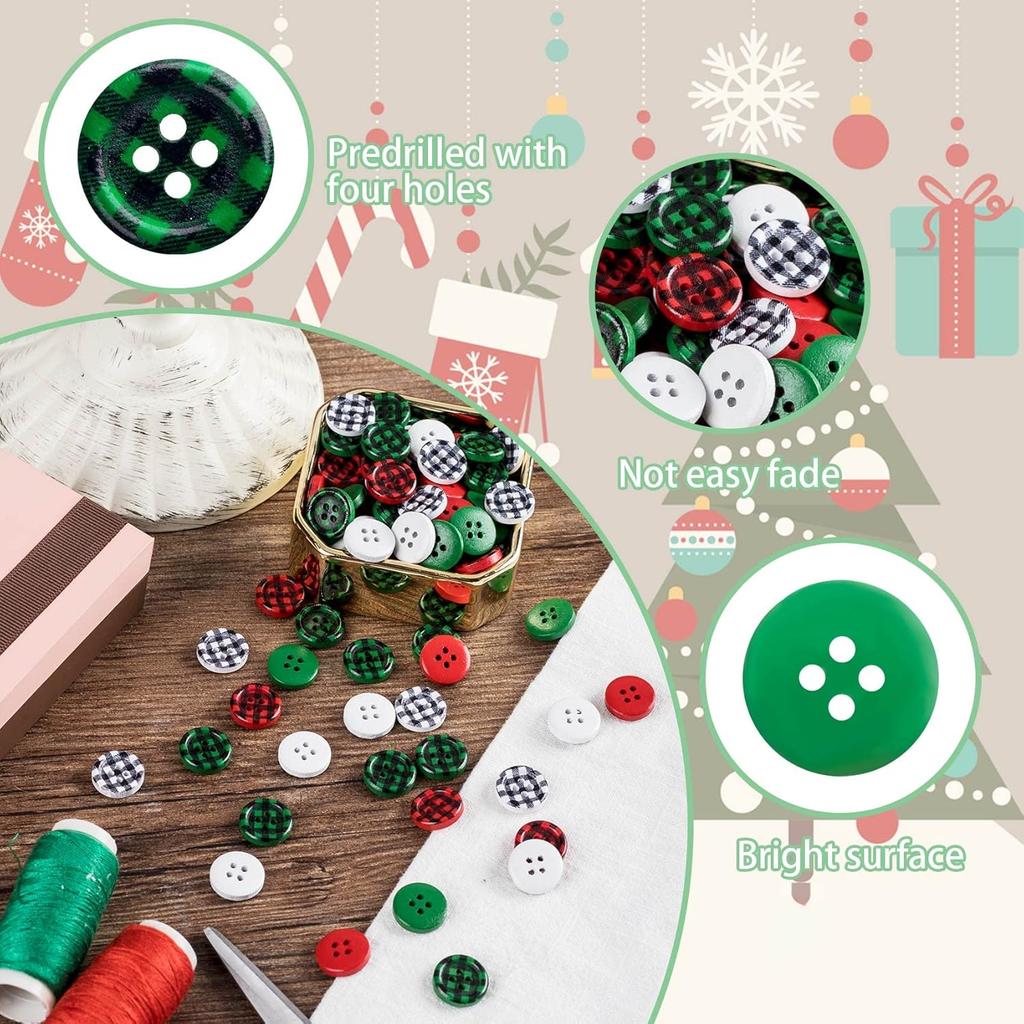30Pcs Christmas Buffalo Check Wooden Buttons, 4-Hole, 20mm/0.79inch, Perfect for Christmas Sock Decor, DIY Crafts