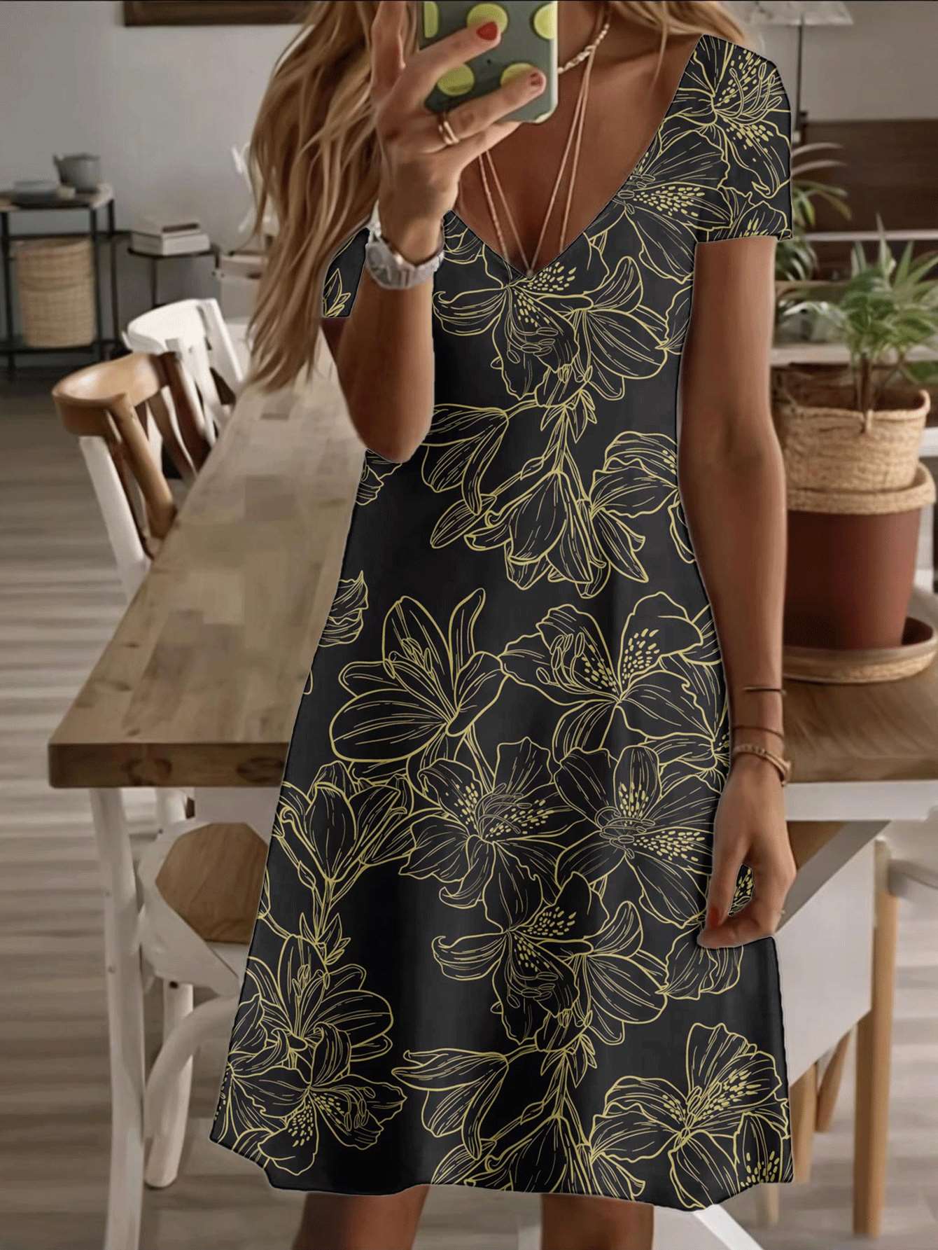 

Vneck shortsleeve midi dress elegant floral women dress yellow flower print pattern 3D premium printing durable casual fashion summer outfit everyday 2XL дубильна кора