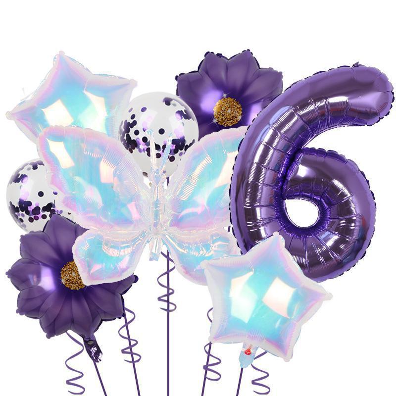 Colorful Large Butterfly Purple Flower 32 Digital Aluminum Film Balloon Set Latex Sequins Birthday Party Decoration