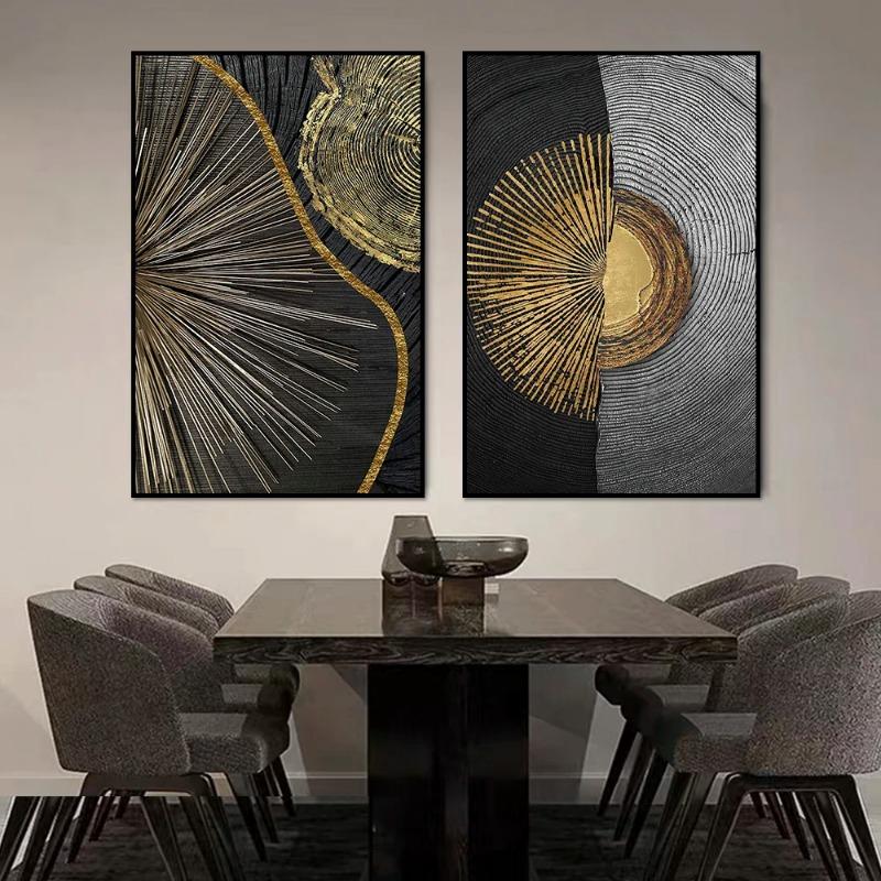 Black Gold Rough Organic Texture of Tree Rings Canvas Abstract Poster Wall Art Pictures Circle Line Paintings For Living Room