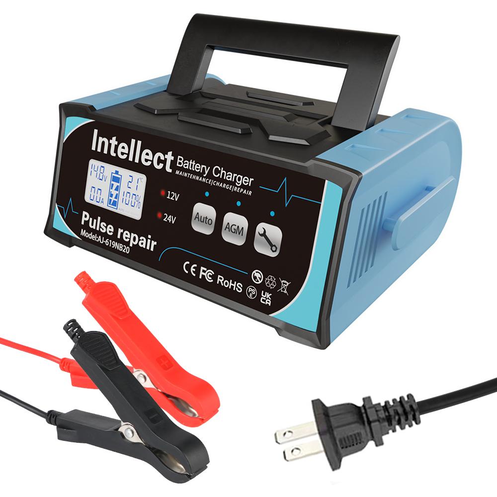 High Power Pulse Repair 12V/24V LCD Display EU US Plug Car Battery Charger Fully Automatic For Lead Acid Batteries 200W