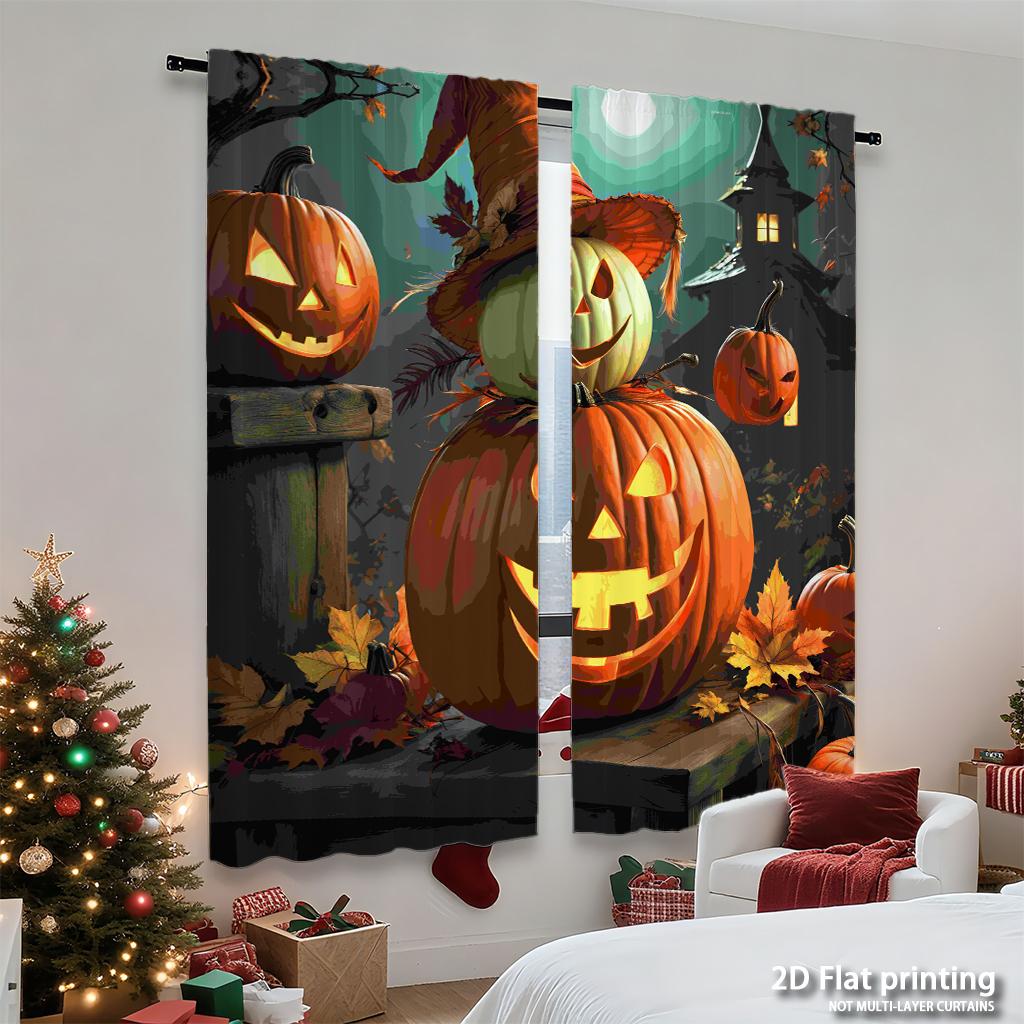 Piece Set High Definition Digital Printed Curtainshalloween Pumpkin Colorful Night Fallen Leaves Dark Backgroundhome Decora Curtain Polyester