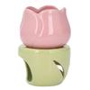 Pink Flower Shape Ceramic Aromatherapy Burner with Green Stand Tealight Candle Holder Essential Oil Burner