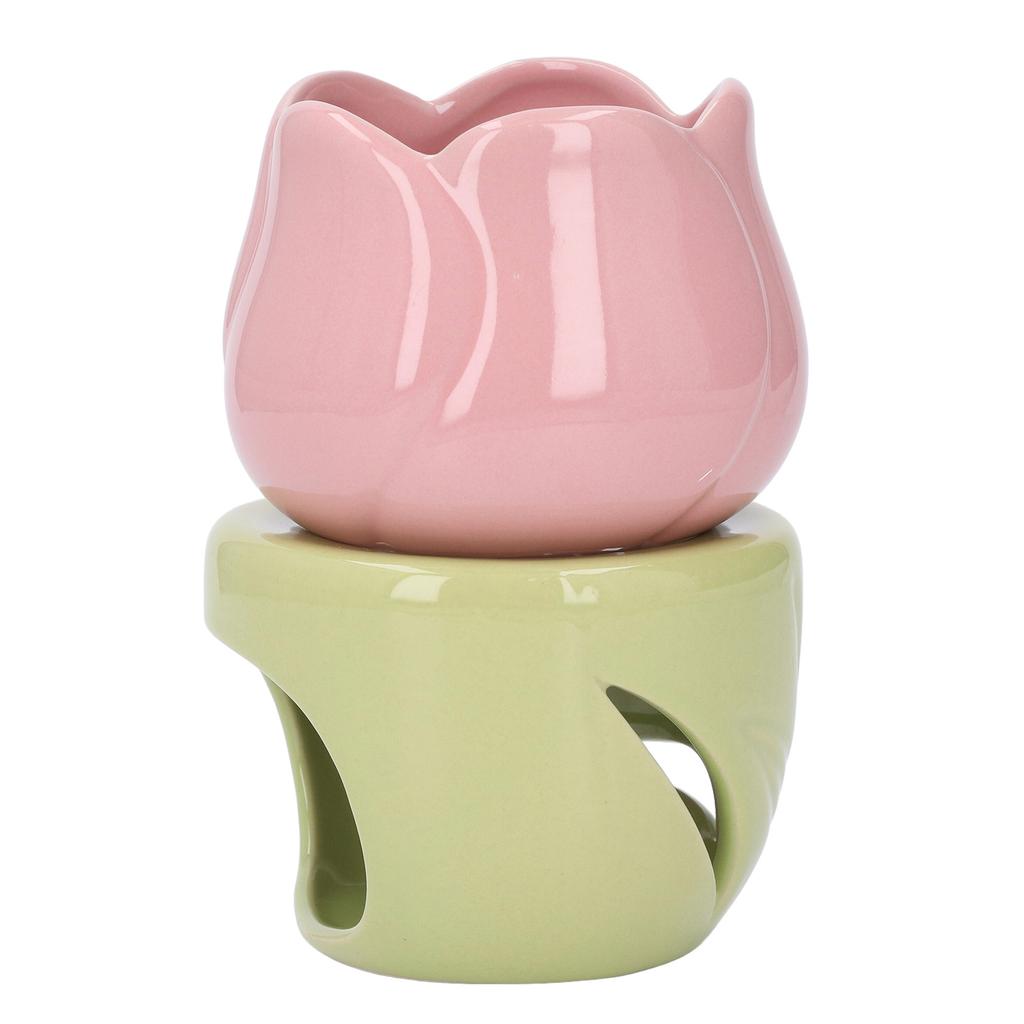 Pink Flower Shape Ceramic Aromatherapy Burner with Green Stand Tealight Candle Holder Essential Oil Burner