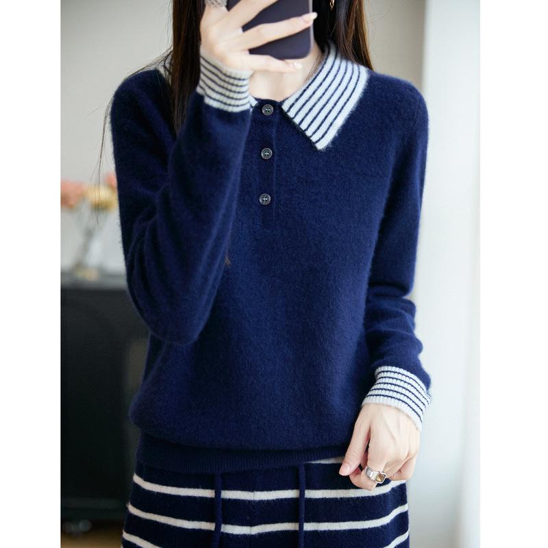 

Women s 100% Wool Colorblock Polo Collar Sweater - Long Sleeve Knitted Pullover for Autumn/Winter 2XL (fits 140-155 jin)
