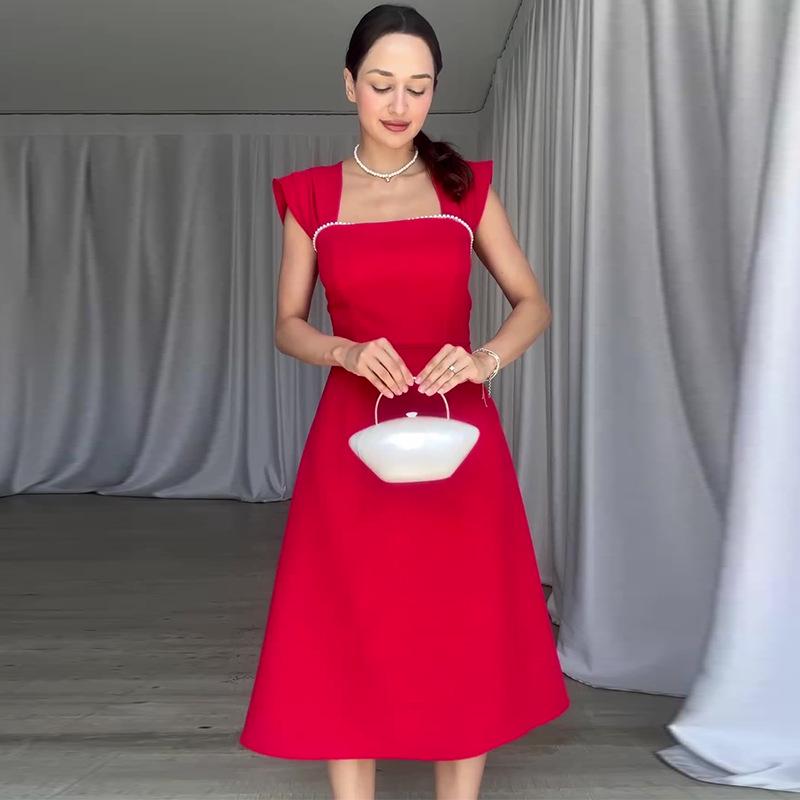 2024 Letní dámské francouzské retro šaty se čtvercovým výstřihem a korálky