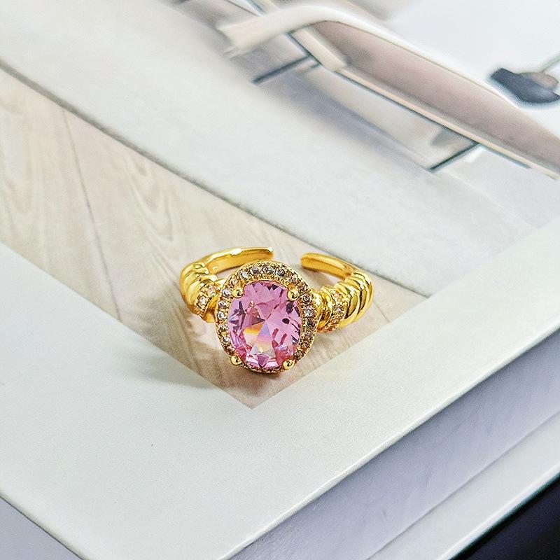 French Retro Temperament Pink Diamond Port Style Open Ring Female Cold Wind Niche High-End Feeling Stacked Index Finger Ring