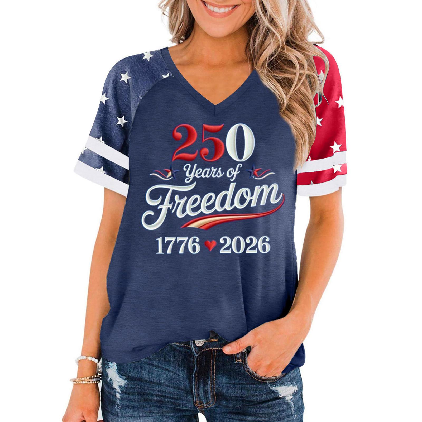 

Women s Casual V Neck Short Sleeve Pullover T Shirt Independence Day Graphic Tee 250 Years of Freedom 1776 2026 Commemorative Top L Темно-синій