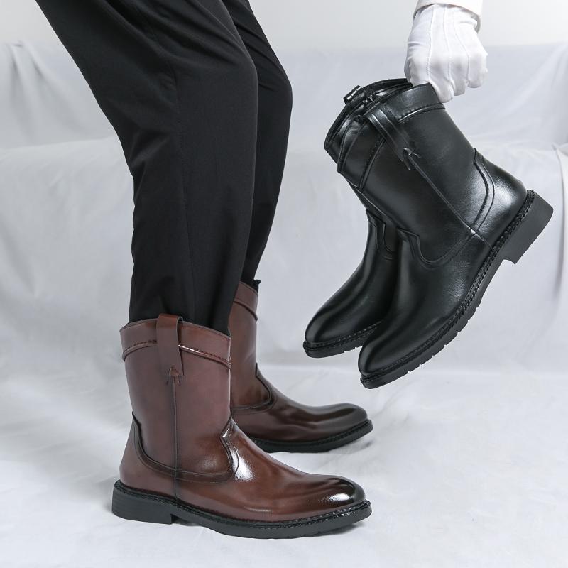 Men’s Western Cowboy Boots Pointed Toe Motorcycle Boots Black Brown Casual Retro Dress Zipper Leather Men’s Shoes Plus Size