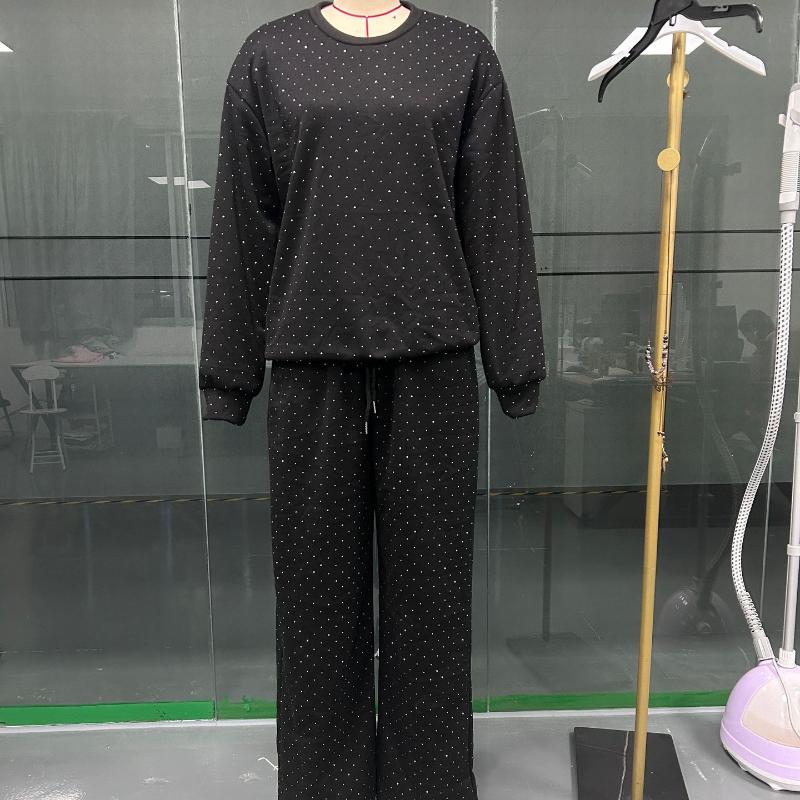 Women's Pants Suit Autumn Winter New O-neck Diamond Long-sleeved Tops Drawstring Sweatpants Fashionable Ladies 2-piece Sets