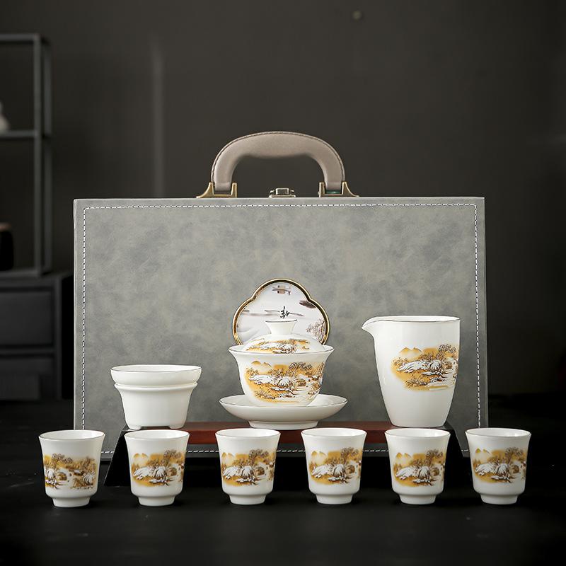 

Tea set ceramic cover bowl household simple teacup suet jade white porcelain kung fu tea set gift box national tide style