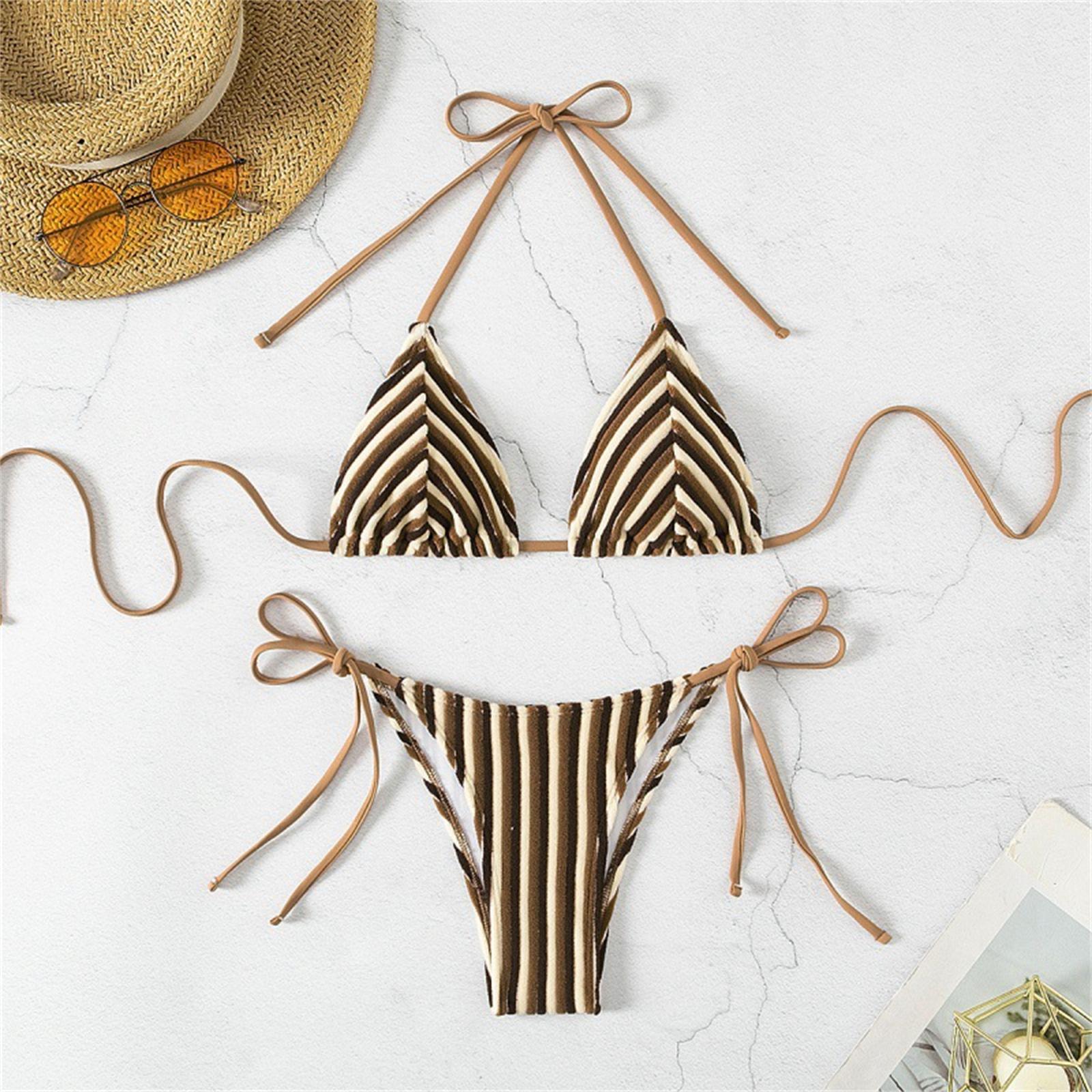 Women s Color-Blocked Tie Back Bikini, Sexy Two-Piece Swimsuit For Beach Vacation L коричневый