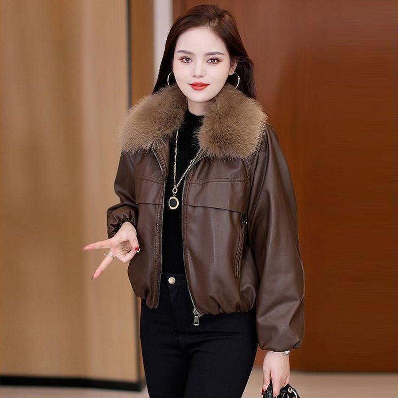 Removable large fur collar plush thickened leather jacket women's short autumn and winter new loose pie overcome