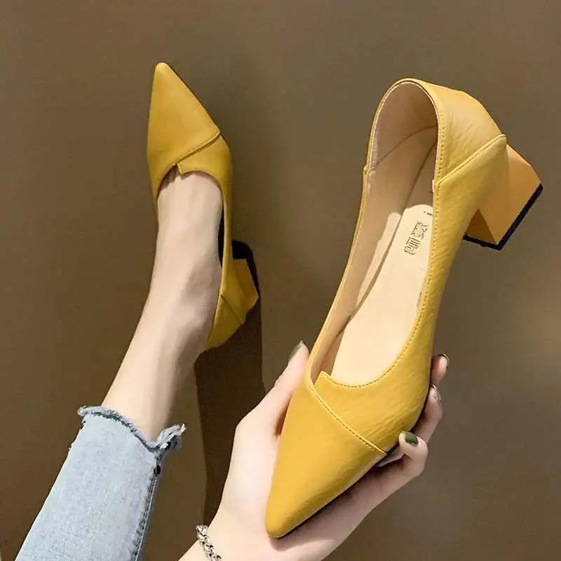 Fashion Pointed Toe Chunky Heels Women's Shoes Leather Casual Block Heel Ladies Pumps with Medium on Promotion Fashion Genuine Mark Y2k