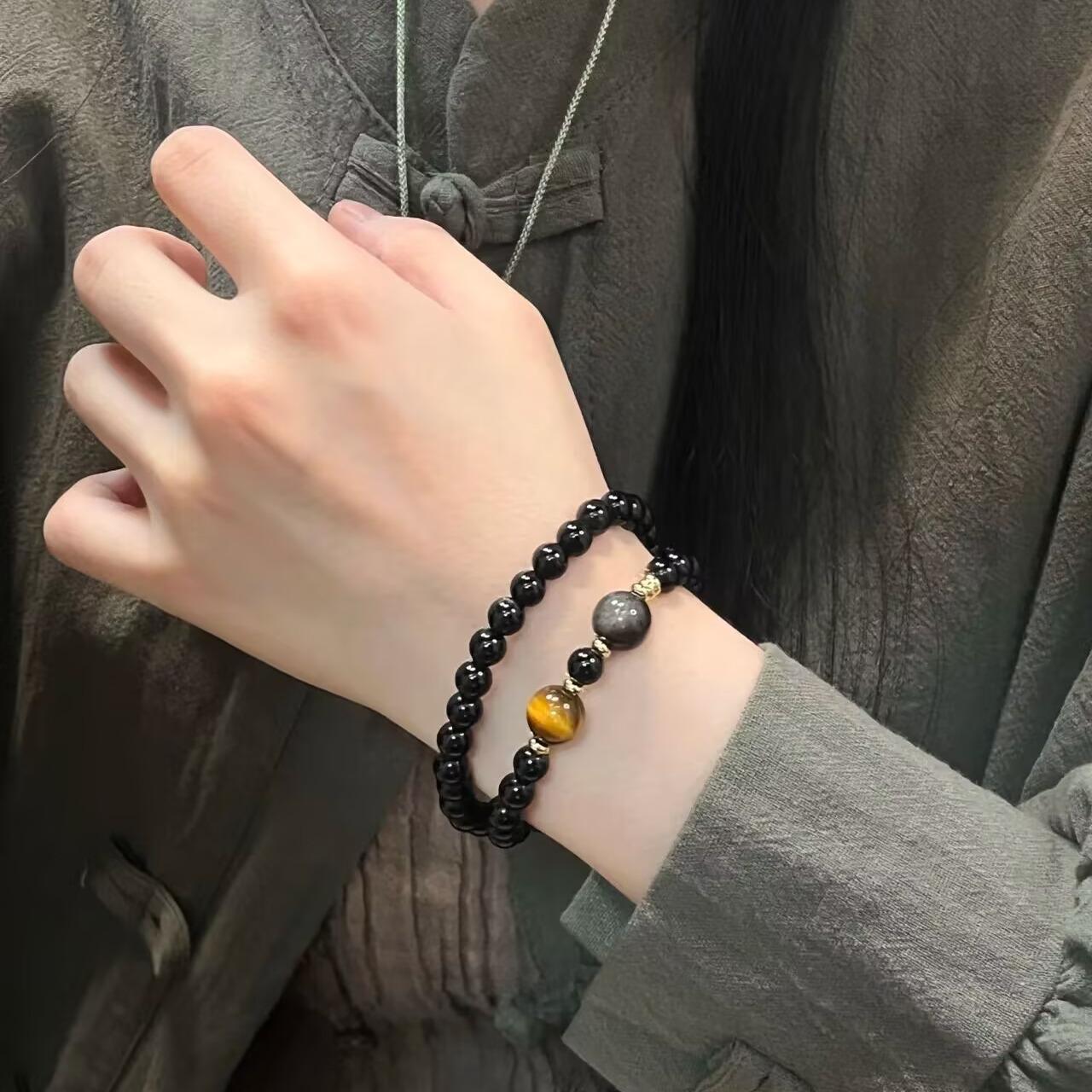 

Natural obsidian double-loop bracelet with a traditional Chinese style, versatile for layering, paired with tiger eye stone, a gift for lovers on Obsidian | Zhong Xiao6mm