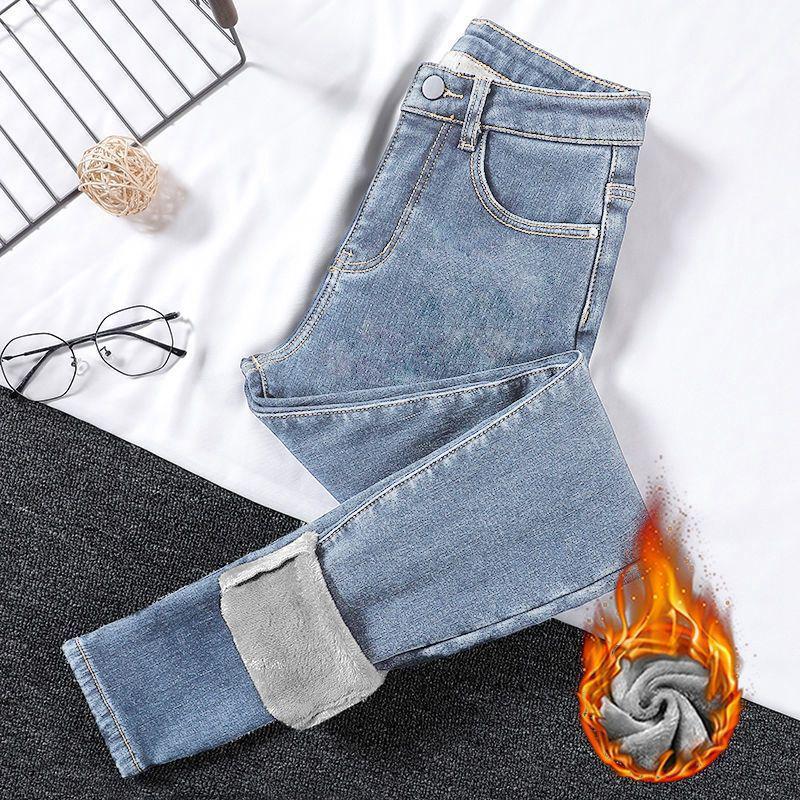 Damen Jeans 2025 Samtgefüttert Elastisch Slim Fit Koreanischer Stil Winterwarm