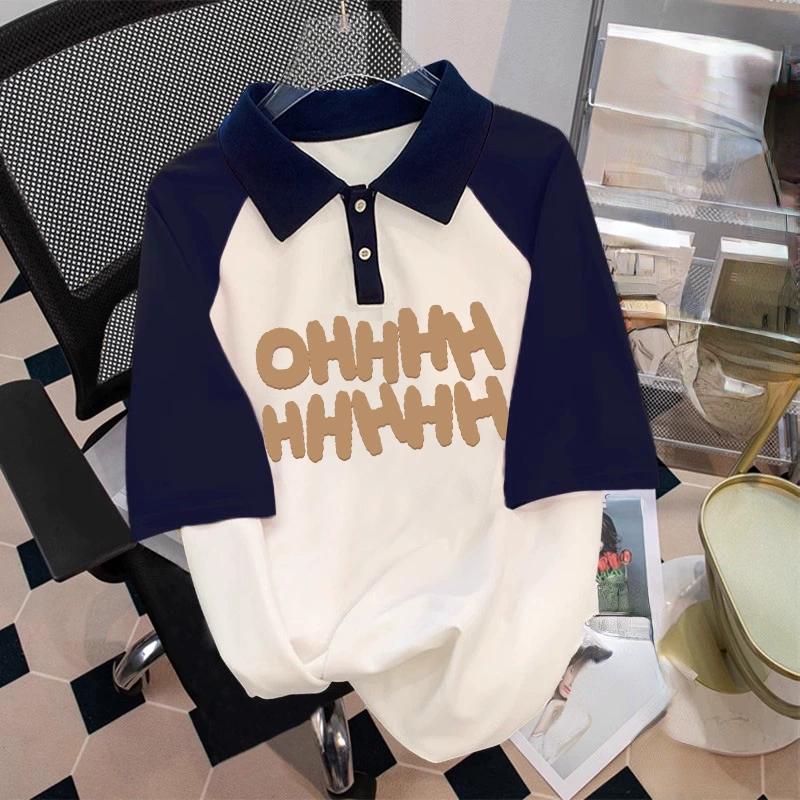 

Новая летняя повседневная футболка с воротником-поло, женская мода с коротким рукавом, элегантные топы, женский дизайн на пуговицах, уличная одежда, свободная пляжная одежда 3XL абрикосовый/тёмно-синий