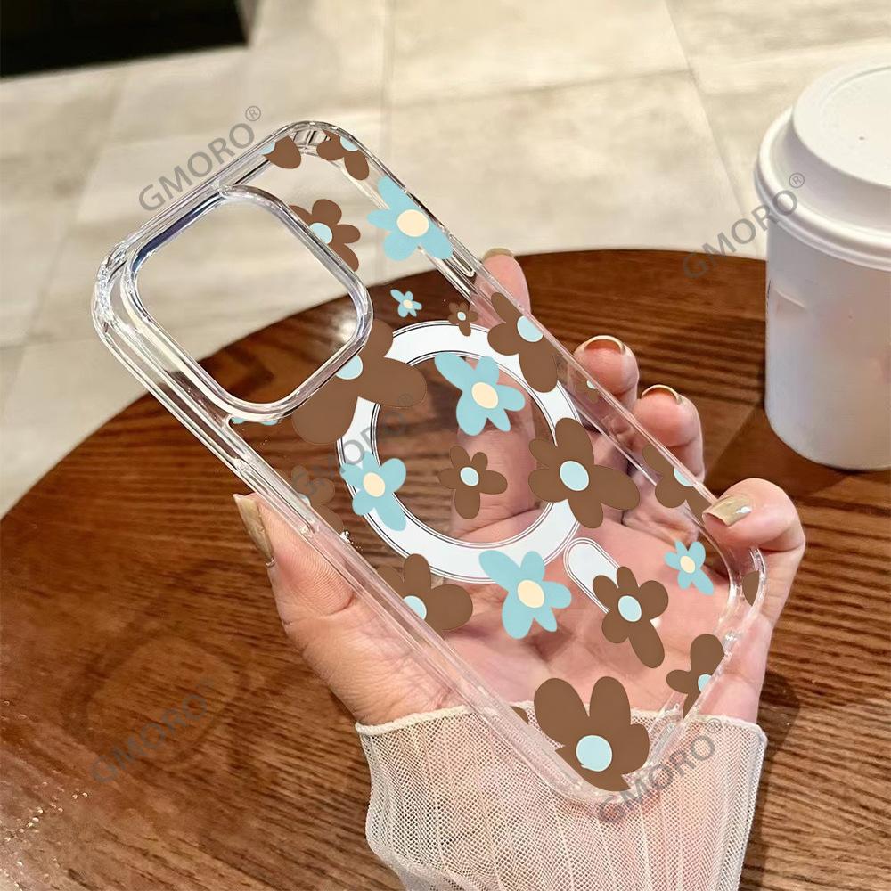 Korean Retro Contrasting Color Flower Mobile Phone Case iPhone12 Transparent Magnetic Mobile Phone Case Apple 17 Premium Sense