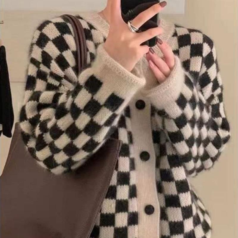 Autumn Cardigan Sweater 2022 New Women Loose Slouchy Chessboard Sweater O Neck Wear Knitted Cardigan Vintage Sweater Top Coat