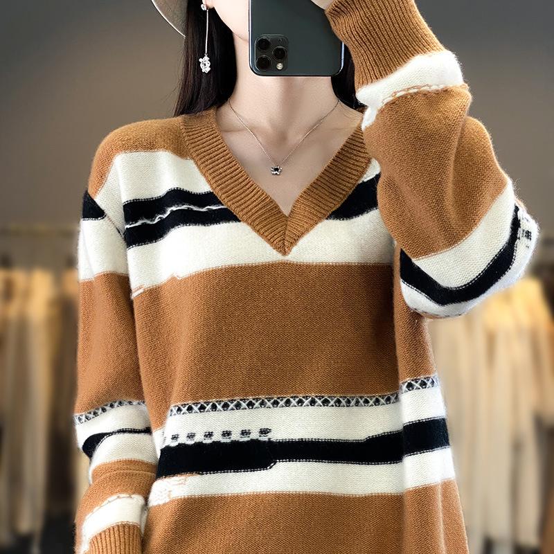

Contrasting Striped Pullover Wool Bottom Shirt Autumn Loose Lazy Wind Long Sleeve Sweater Versatile Skinny Knitted Top One Size