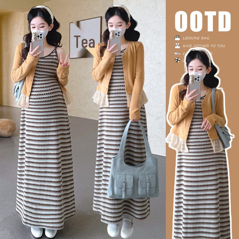 2026 Spring Korean Striped Knit Maternity Dress & Patchwork Cardigan Set XL