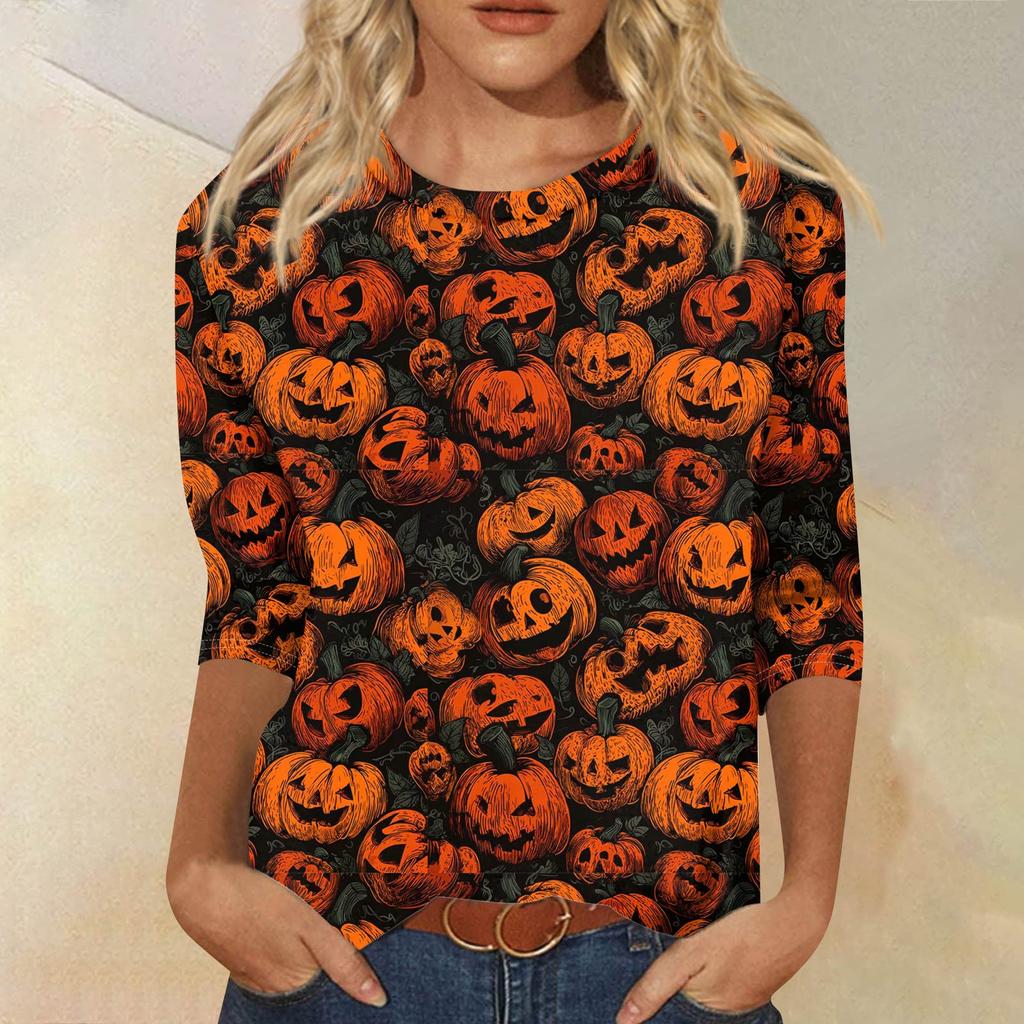Women's Fashionable Casual Three-Quarter Sleeve Halloween Print Round Neck Top