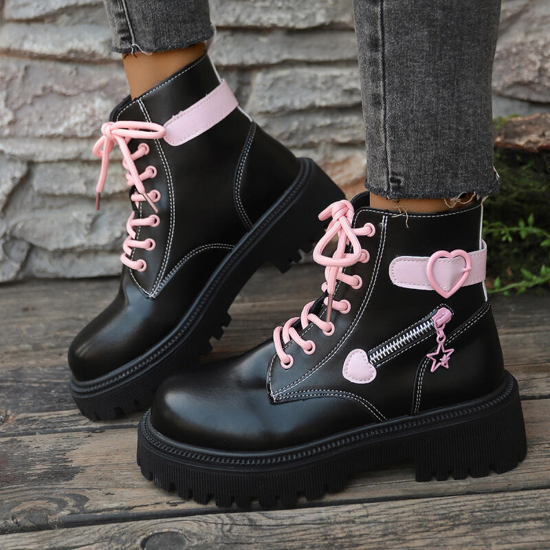 Fashion Punk Pink Metal Heart Buckle Ankle Boots Women 2025 Winter Gothic Thick Bottom Black Boots Sexy Y2K Shoes with Platform Size 42