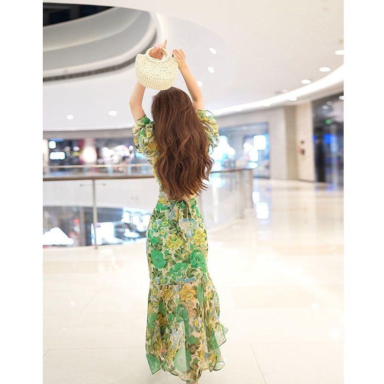 Summer Fashion High End Temperament Waist Cinching Dress Light Luxury Premium Dark Green Printed Casual Dress