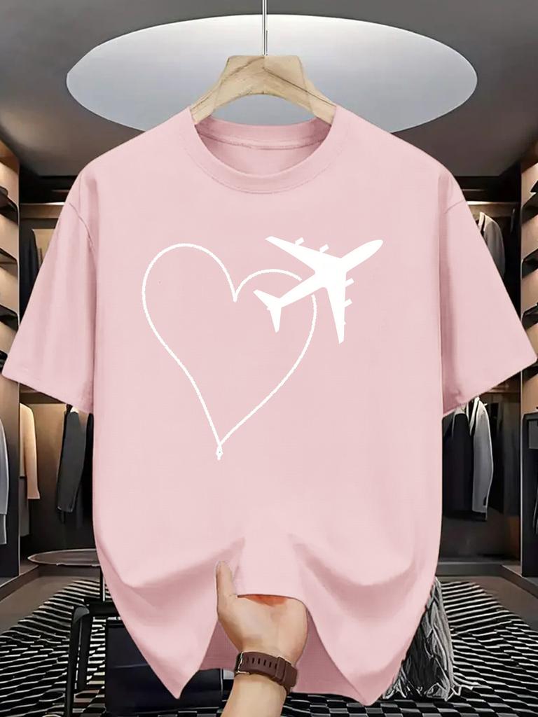 Minimal Line Graphic T Shirt For Unisex Airplane Heart Route Pattern Crew Neck Tee Wanderlust Travel Simple Print Casual Daily Tops