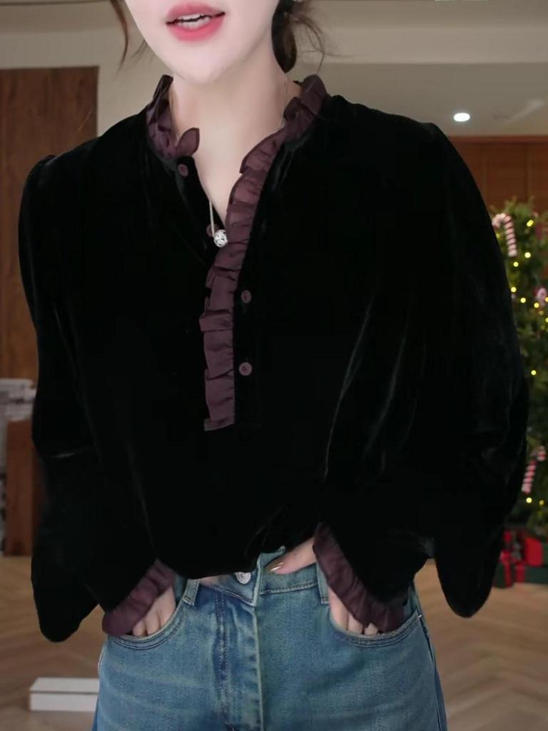 French Velvet Patchwork Lace Long Sleeve Shirt - Plus Size Slimming Loose Fit for Autumn/Winter 2025