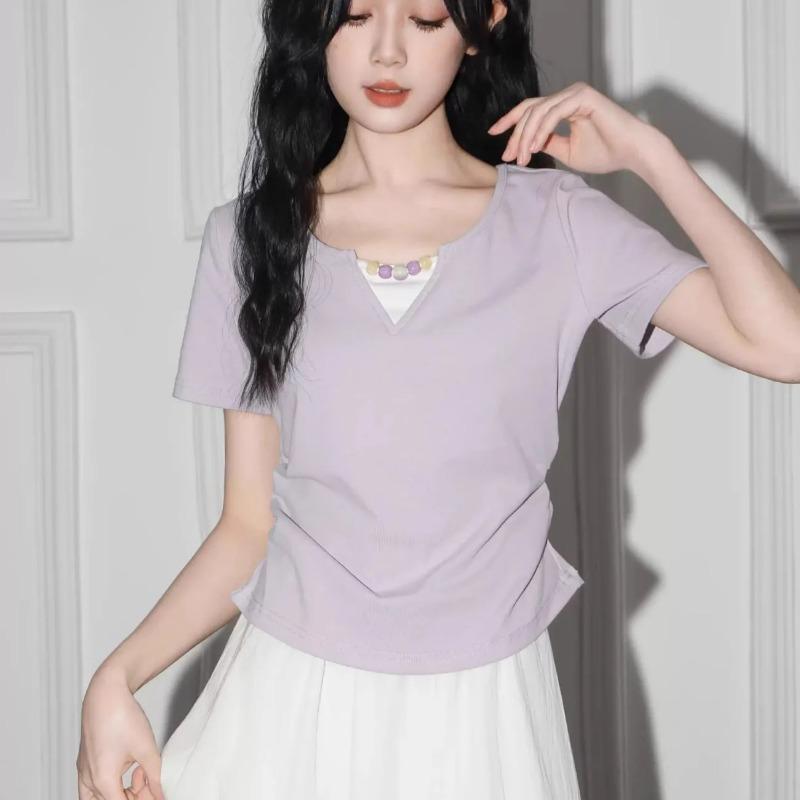 Women Light Purple V Neck T Shirt Ruched Side Short Sleeve Slim Fit Casual Top S фиолетовый