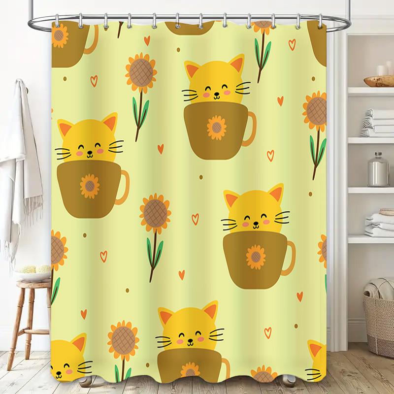 Cute Cat Cup Tea Towel Shower Curtain Home Decoration for Bathroom Waterproof Printing Washable (Yellow)