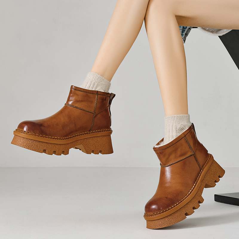 Krazing Pot Skóra Krowia Futro Wełna Zimowe Buty Śniegowce Damskie Utrzymujące Ciepło Wsuwane Europejski Design Odporne na Zimno Botki