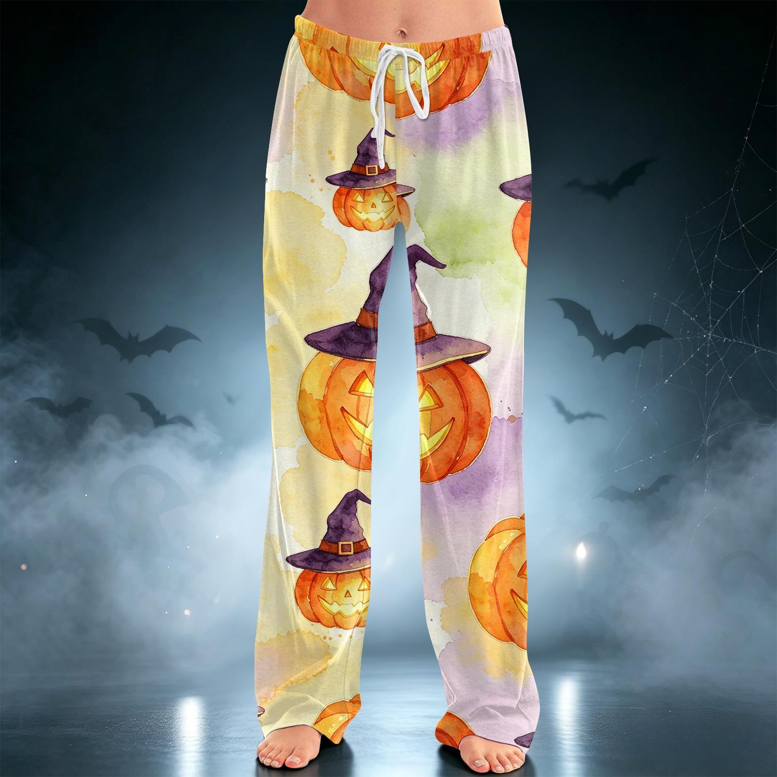 Women s Halloween Print Drawstring Wide Leg Pants for Casual Home Wear L