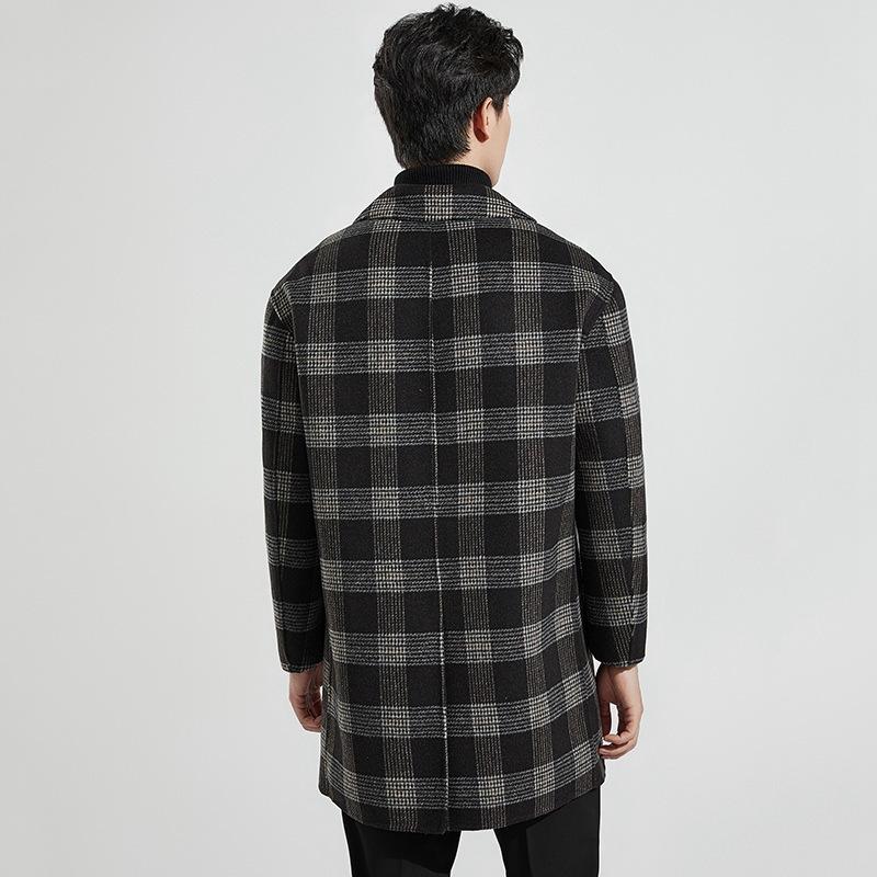Autumn and Winter Men's Woolen Coat Korean Style Black and Gray Plaid Thickened Mid-length Wool Double-sided Woolen Coat