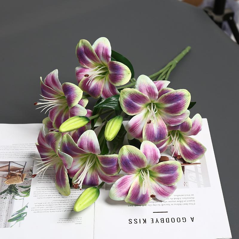 2pcs 3D Printed 9 Heads Lily Bouquet Flower Artificial Real Touch Hemerocallis Wedding Floral Decoration