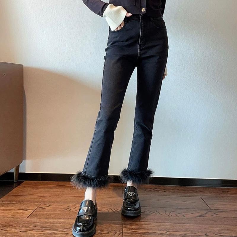 

Women s Washed Black Slim Fit Jeans with Detachable Feather Trim XS