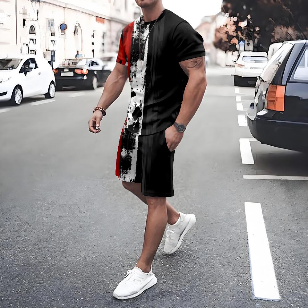 Plus Size Men's T-shirt Shorts 2-piece Set Men's Drawstring Side Pocket Shorts Sports Short Sleeve Tee Summer New Men's Clothing