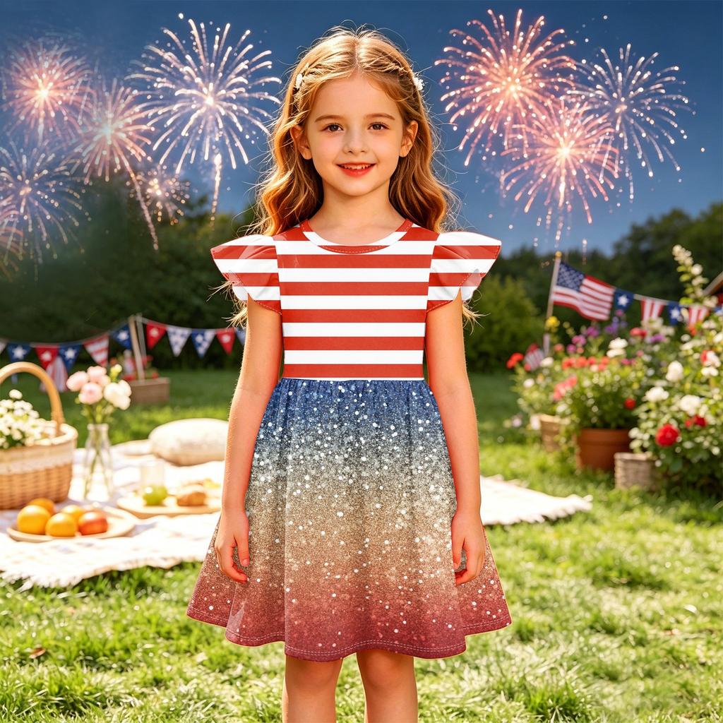 Girls' Summer Princess Dress - A-Line T-Shirt Dress Independence Day
