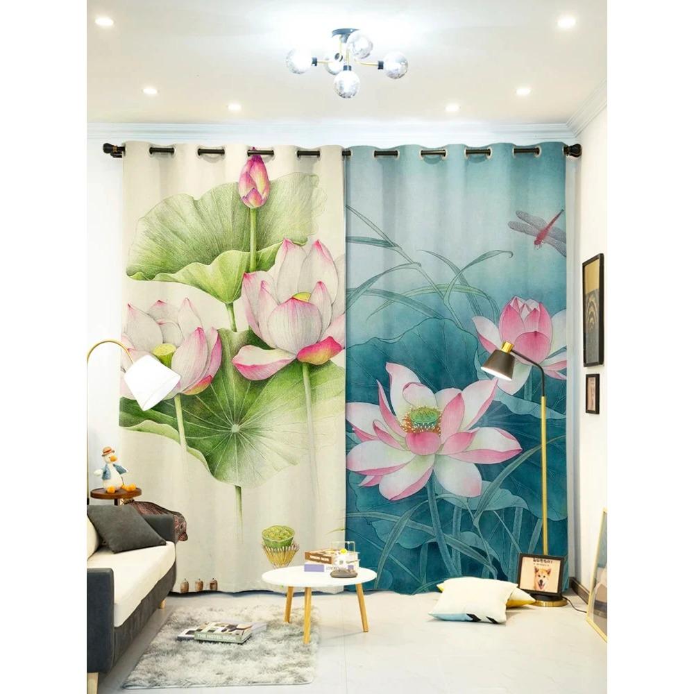Chinese Lotus Floor-to-ceiling High Shading Curtain Bedroom Living Room Decoration Blackout Curtain Fabric Drape Lotus Style