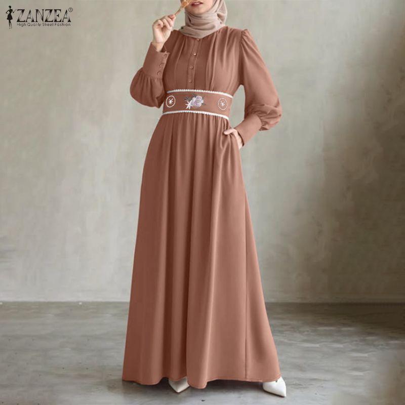 ZANZEA Muslim Casual Women Round Neck Long Sleeve Loose Print Dress
