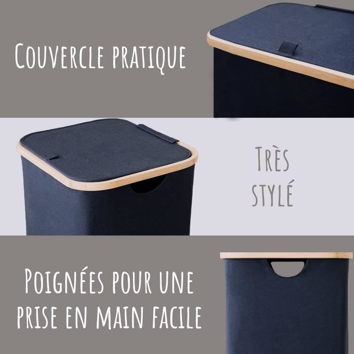 Panier à linge - lonbet - xl 100 l - bambou - tissu - avec couvercle