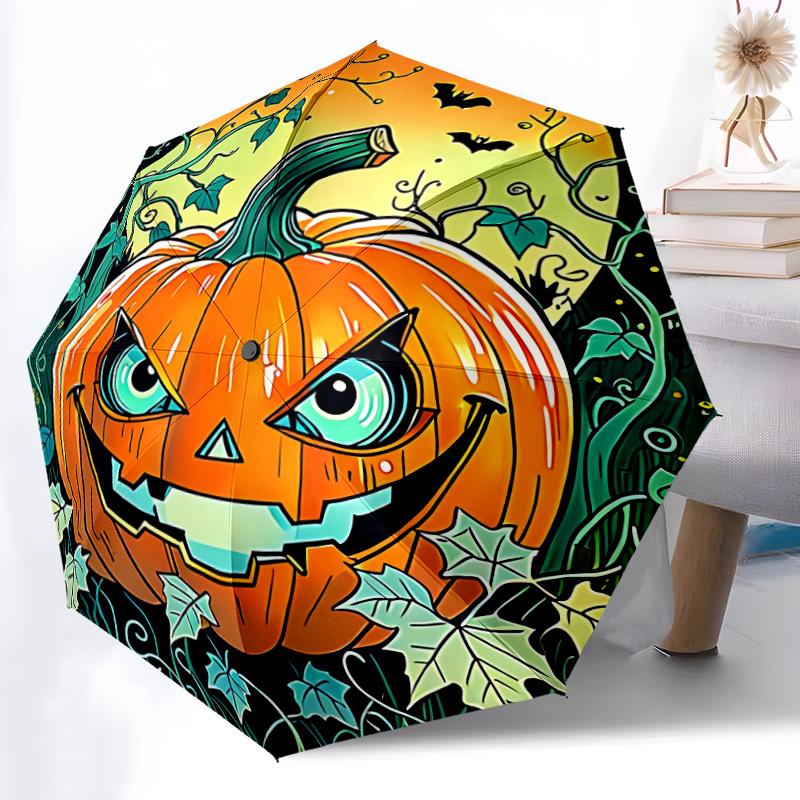 1pc Pumpkin Halloween Automatic Folding Umbrella Compact Lightweight Travel Umbrella with 8-Rib Sturdy Frame, Windproof & Self068