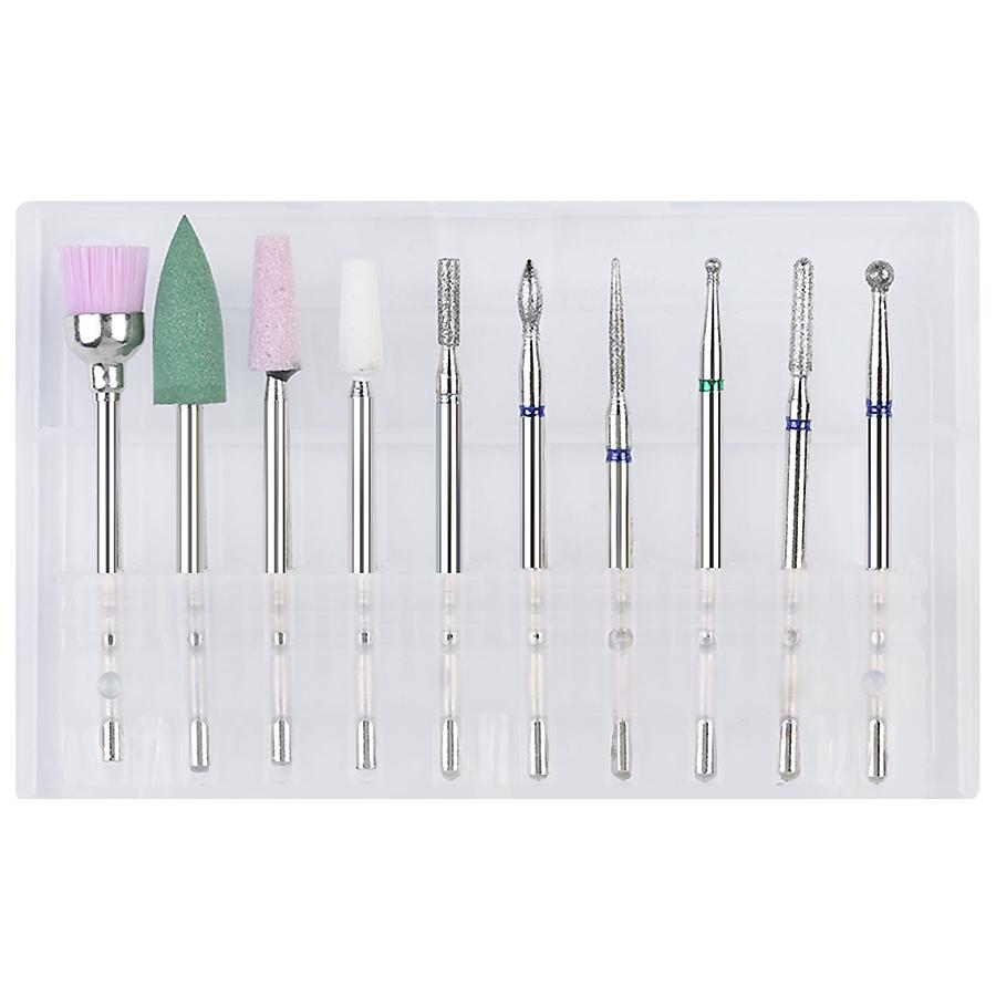 10 Stück Wolframstahl Nagel Schleifkopf Set mit Feile, Bürste, Polierer & Nagelhautentferner Werkzeugen für Maniküre Pediküre
