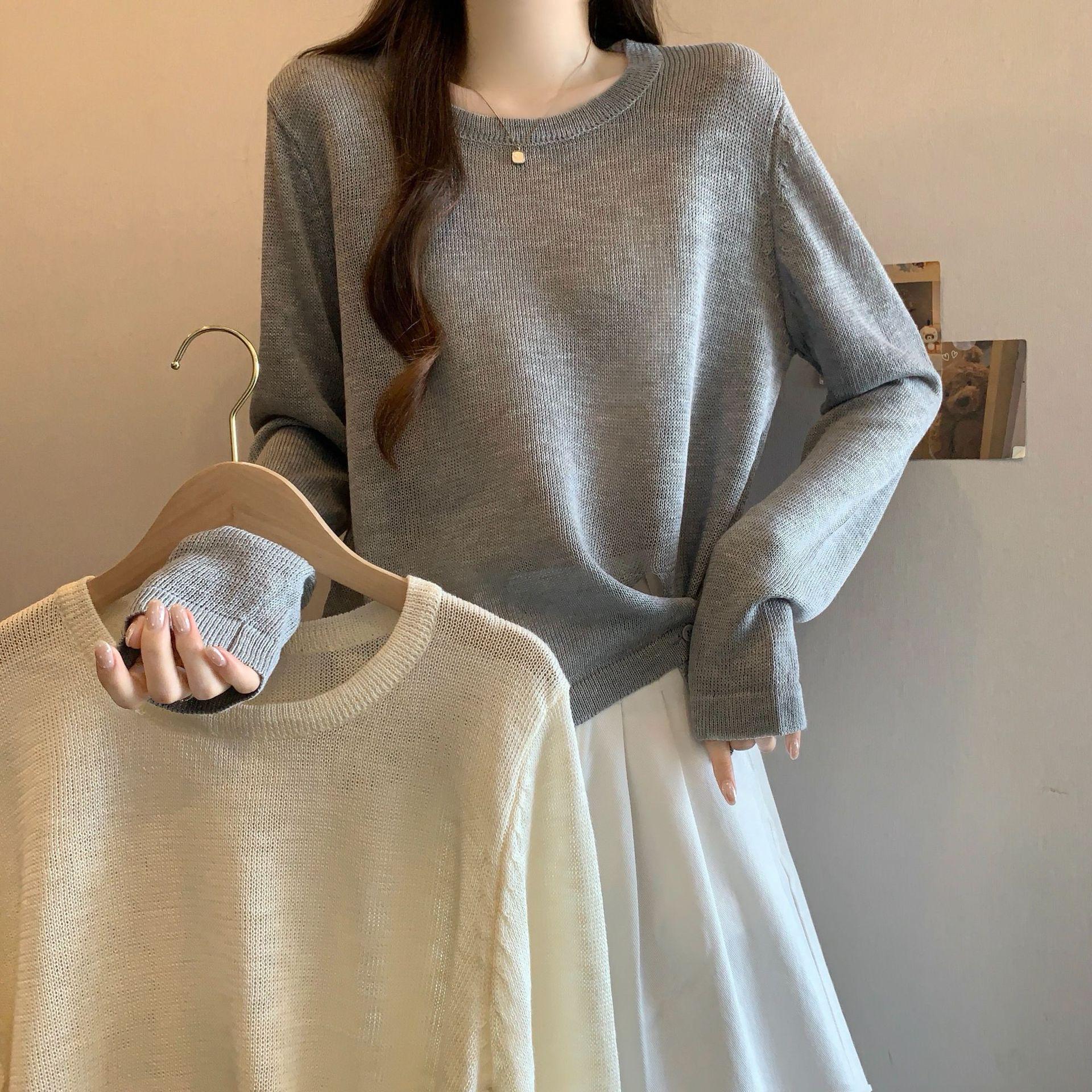 

2026 Spring Round Neck Plus Size Split Hem Knit Top - Long Sleeve Waist-Cinching Design for Women 3XL абрикосовий