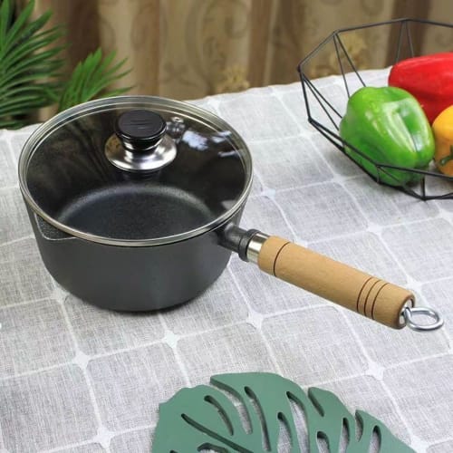 Fiegcit Iwatetsu Ironware Cast Iron Fryer, Mini Cast Iron Pot, Nanbu Ironware, Durable with Wooden Handle, Iron Saucepan, Milk Pan, Non-Silicone Coati