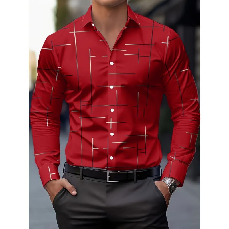 Men's Casual Geometric Print Long Sleeve Shirt - Breathable Button-Up Collared Shirt for Spring & Fall