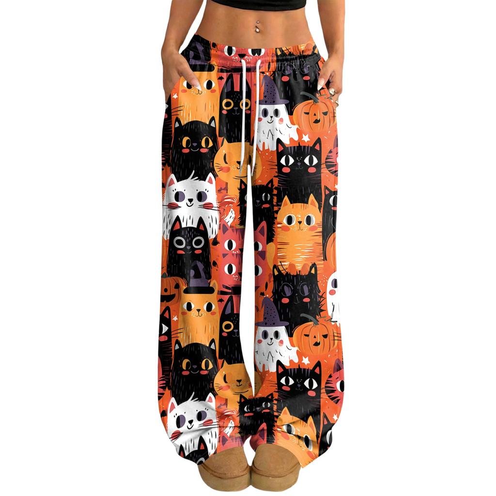 Women's Casual Halloween Print Loose Wide Leg Pants with Elastic Waist and Drawstring