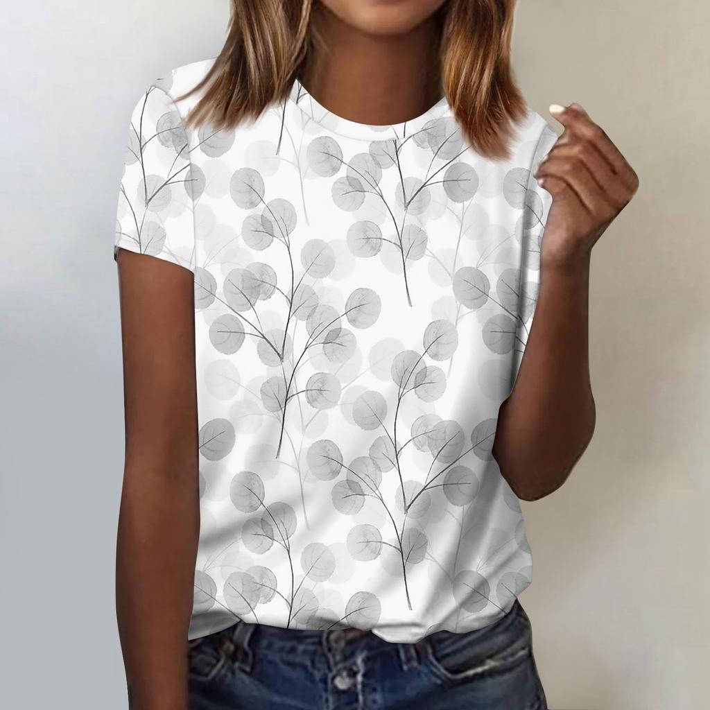 Women's Fashion Casual Short Sleeve Flower Print Round Neck Pullover Top Blouse