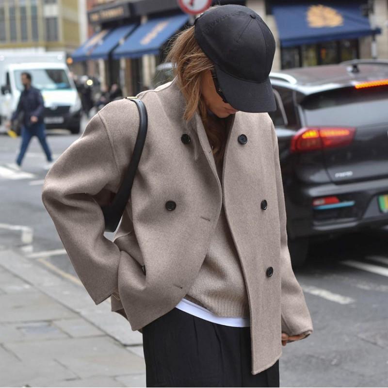 Cappotto Vintage da Donna Marrone Scollo a V Misto Lana Autunno Inverno Caldo Capospalla da Ufficio
